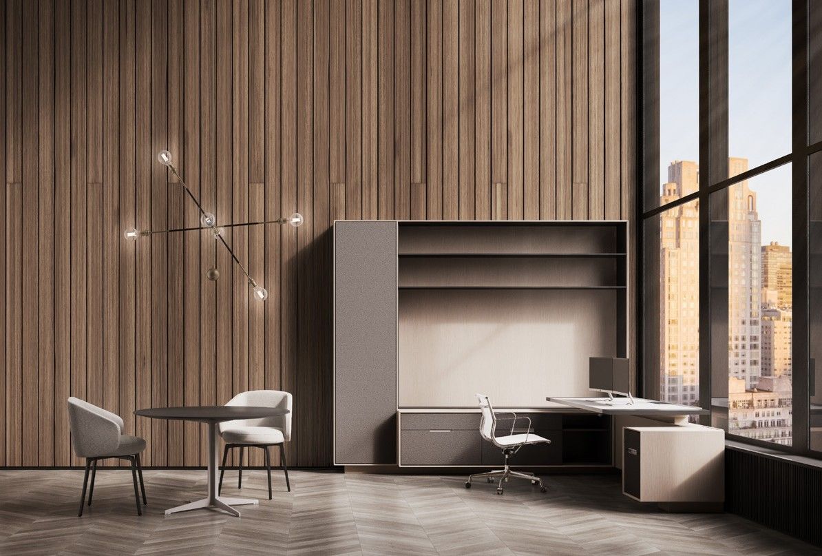 Brera25 workstation with height-adjustable desk and freestanding bookcase